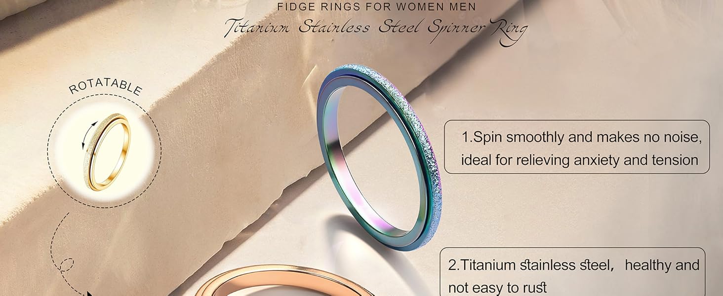 Trendy Fidget Rings for Women Men -2 4mm Titanium Steel Spinner Ring for Anxiety Stress Relief Glitter Sandblast Spinning Figit Anxiety Jewelry for Women Gifts