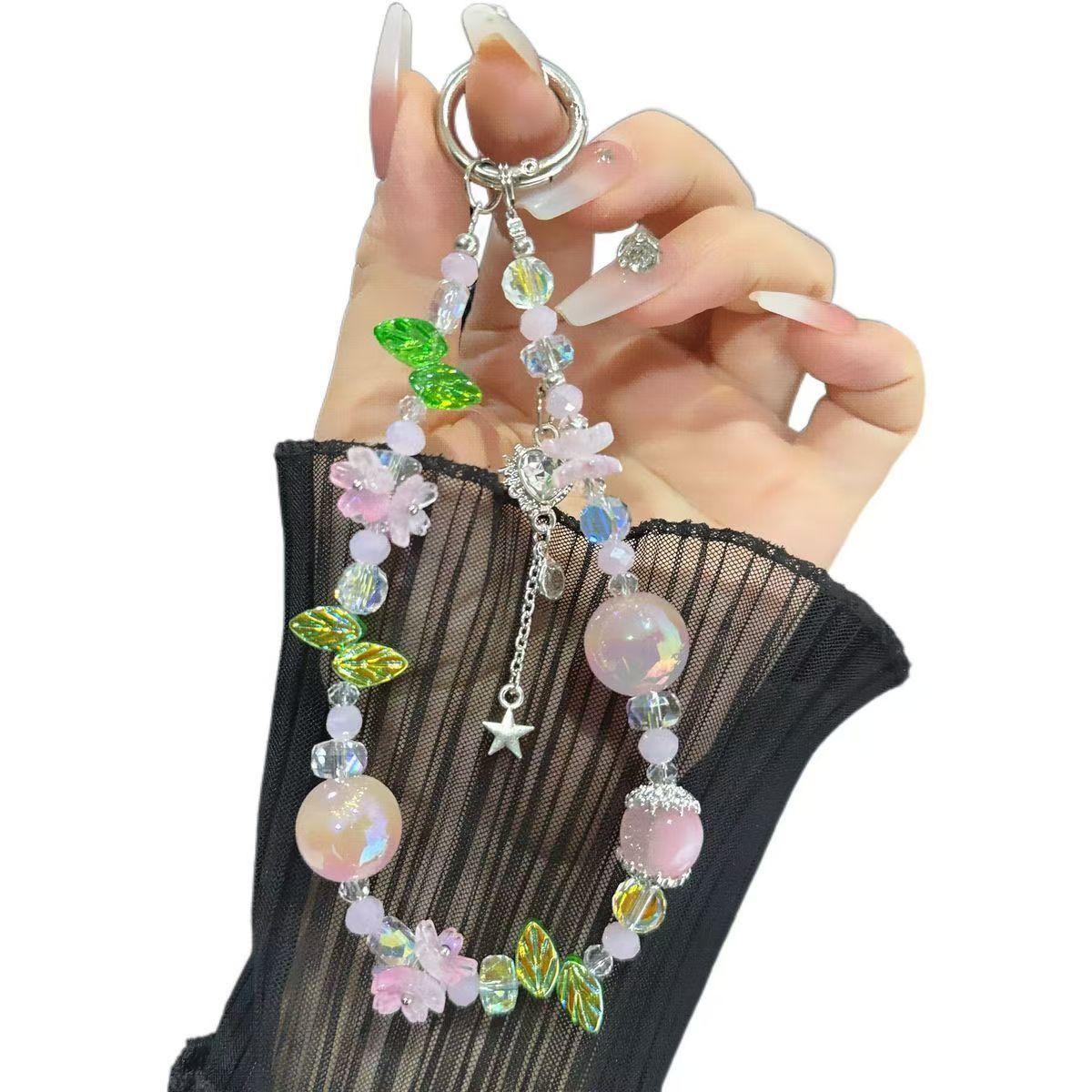 European Style Crystal Phone Charm, Blue Flower Leaf Pearl Silver Star Pendant, Anti-Loss Phone Chain, Fits Phone Case, Ccd Camera Bag Strap