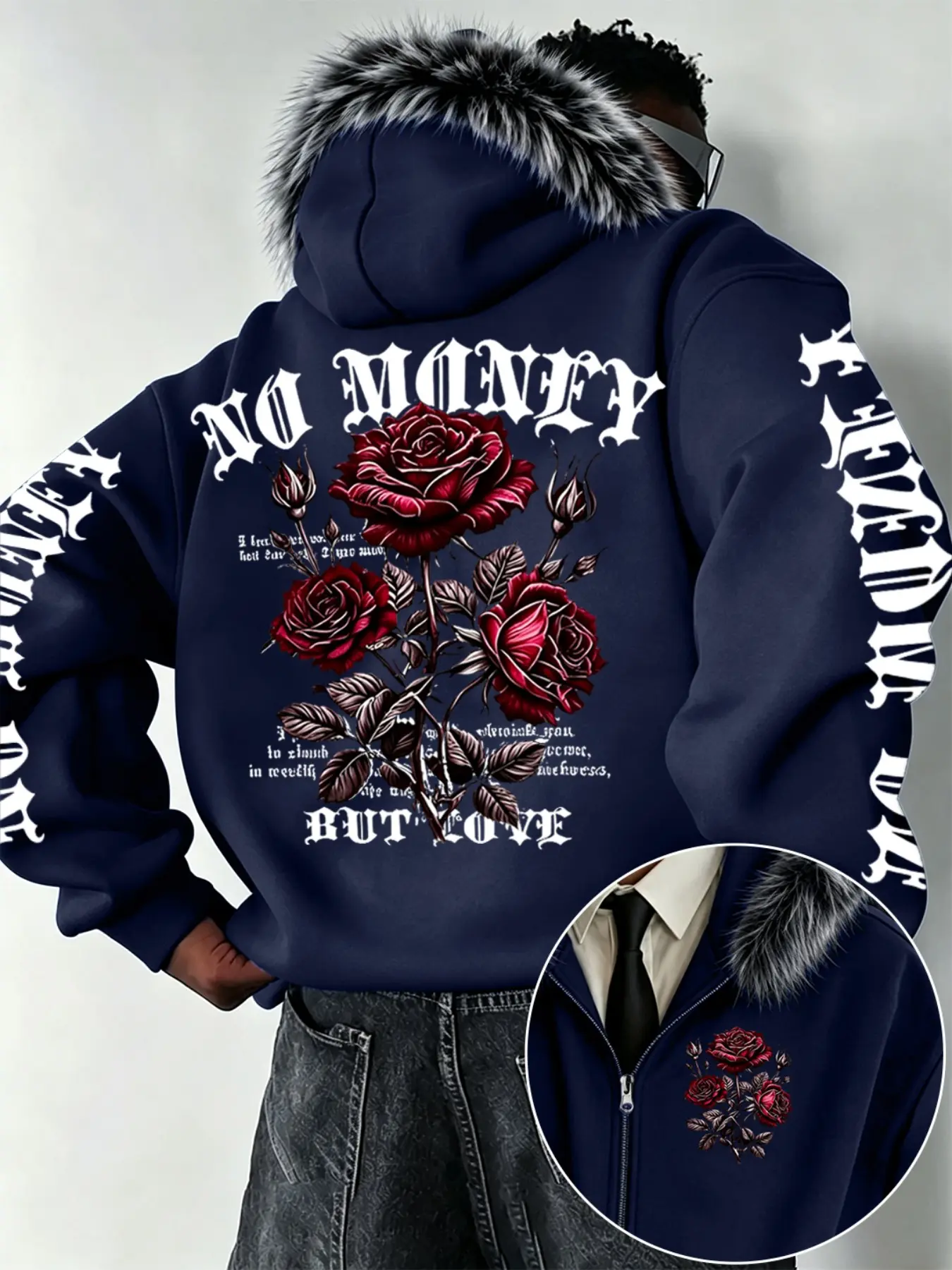 Men's Fur Collar Zipper Hooded Jacket, American Gothic High Street Style, Rose Print, Loose Fit, Fall Winter Fashion Outerwear