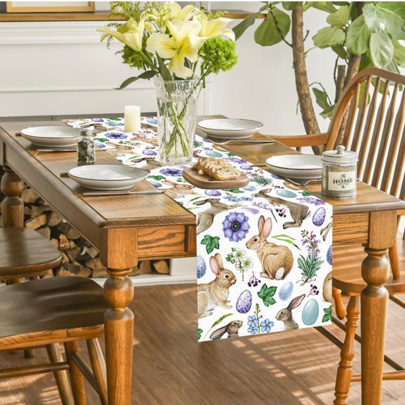 Easter Rabbit Table Runner with Floral Check Pattern, Spring Holiday Kitchen Dining Cover, Perfect for Easter Party Decoration