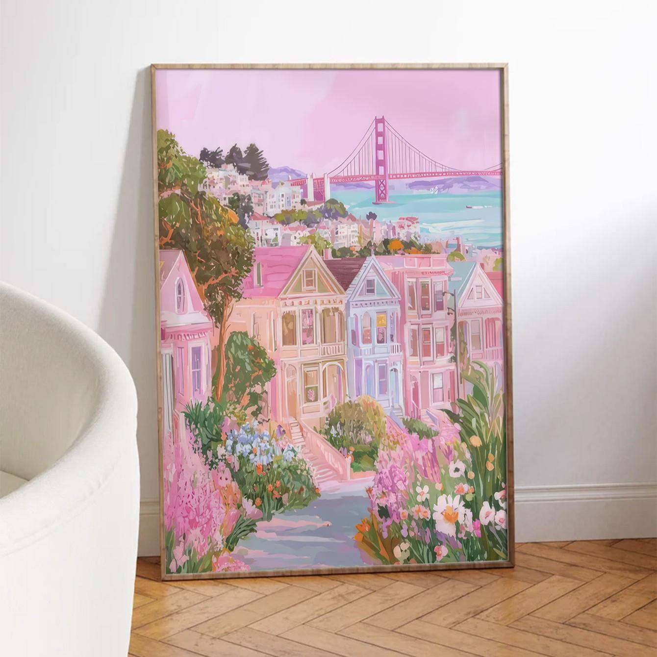 Golden Gate Bridge Wall Art Poster, Unframed Modern Decor, Travel Cityscape Print, San Francisco Lady Painting, Commercial Value