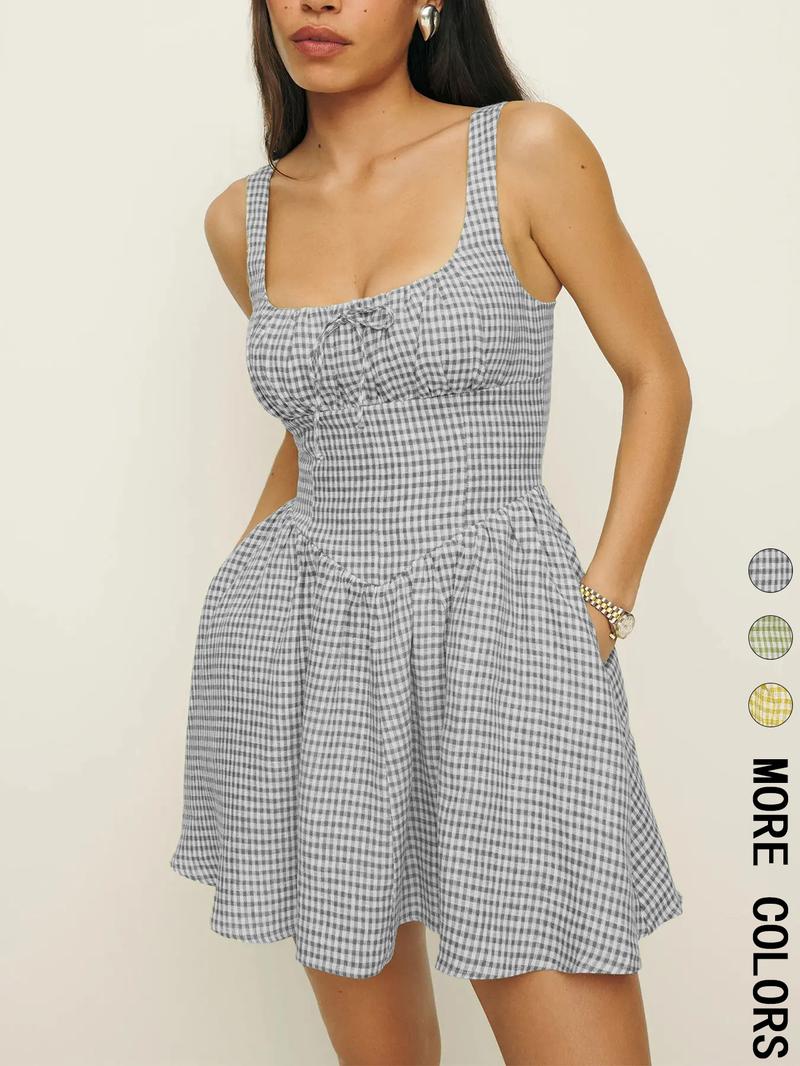 Women's Gingham Print Cami Dress, Casual Sleeveless A Line Dress for Summer, Ladies Clothes for Beach Holiday
