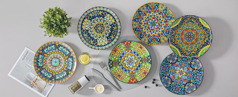 Vancasso Dinner Sets for 4/6 People, Simi Dinnerware Dish Set Artisanal Pieces with 10.5in Dinner Plate, 8.5in Dessert Plate and 950ml Cereal Bowl, Boho Colourful Tableware