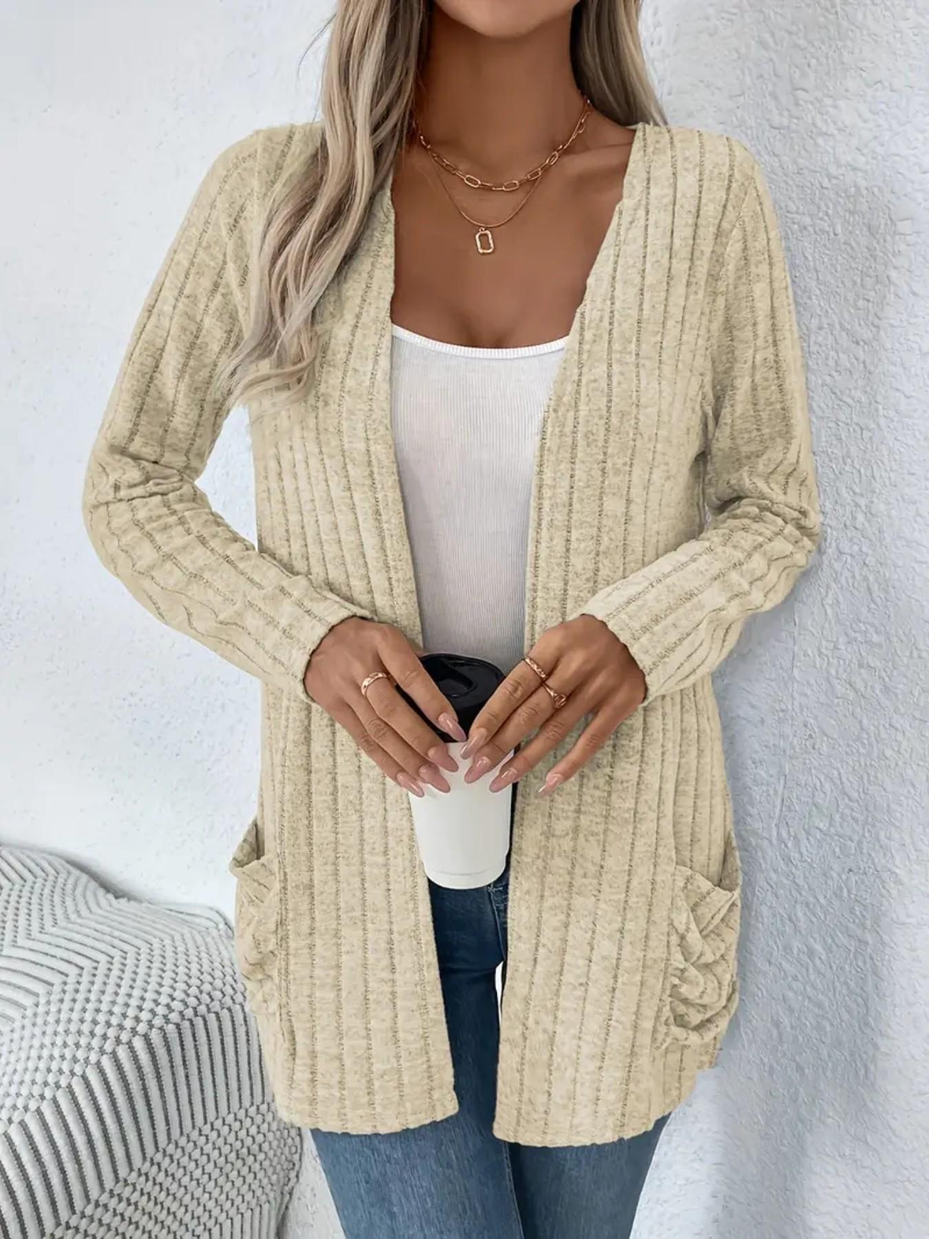 Women's Long Sleeve Loose Knit Cardigan with Pockets, Comfortable Front Open Coat, Casual Wear, Perfect for Everyday, Knitwear effortless breezy figure flattering all day comfort