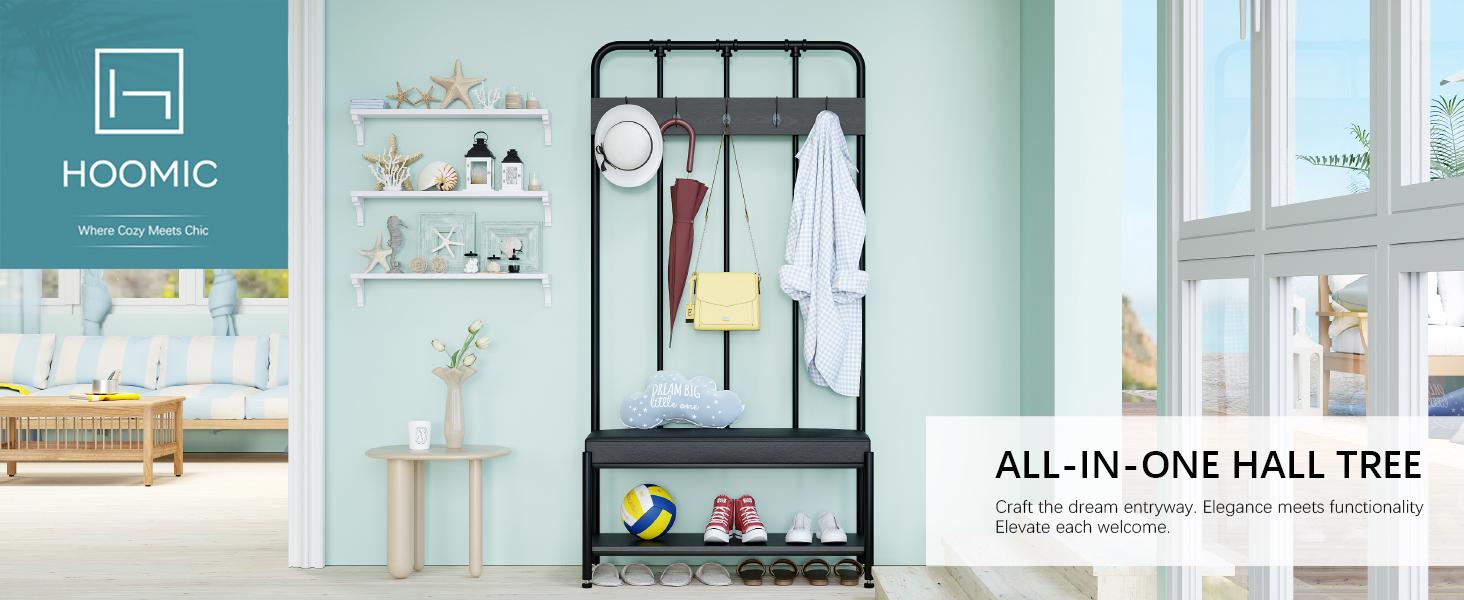 HOOMIC Coat Rack Shoe Bench/Entryway Hall Tree with Shoe Storage/Freestanding Coat Hanger Organizer with 5 Hooks & Faux Leather Seat Cushion/Industrial Accent Furniture with Metal Frame,No Box Spring Needed