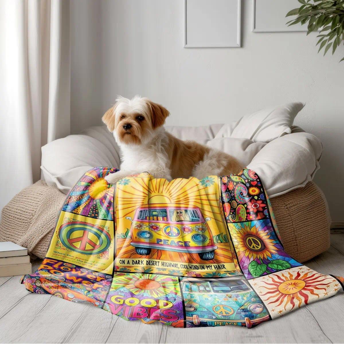 Comfortable Hippie Peace Bus Print Flannel Soft Throw Blanket, Baby Blankets and Adult Blankets, Soft Warm Anti-Pilling Fabric, Ideal for Nap, Camping, Travel, All Seasons Decor Blanket, Perfect Birthday Holiday Gift, Printed Flannel Blanket for Sofa Bed