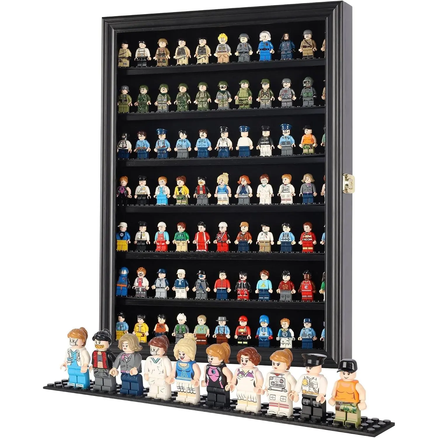 Minifigure Display Case - Building Block Toy Wall Cabinet Showcase for Small Miniature Collectibles Mini Brands Thimbles, 2.25" Shelf Height Lockable UV Protection Door (Black Finish Frame)