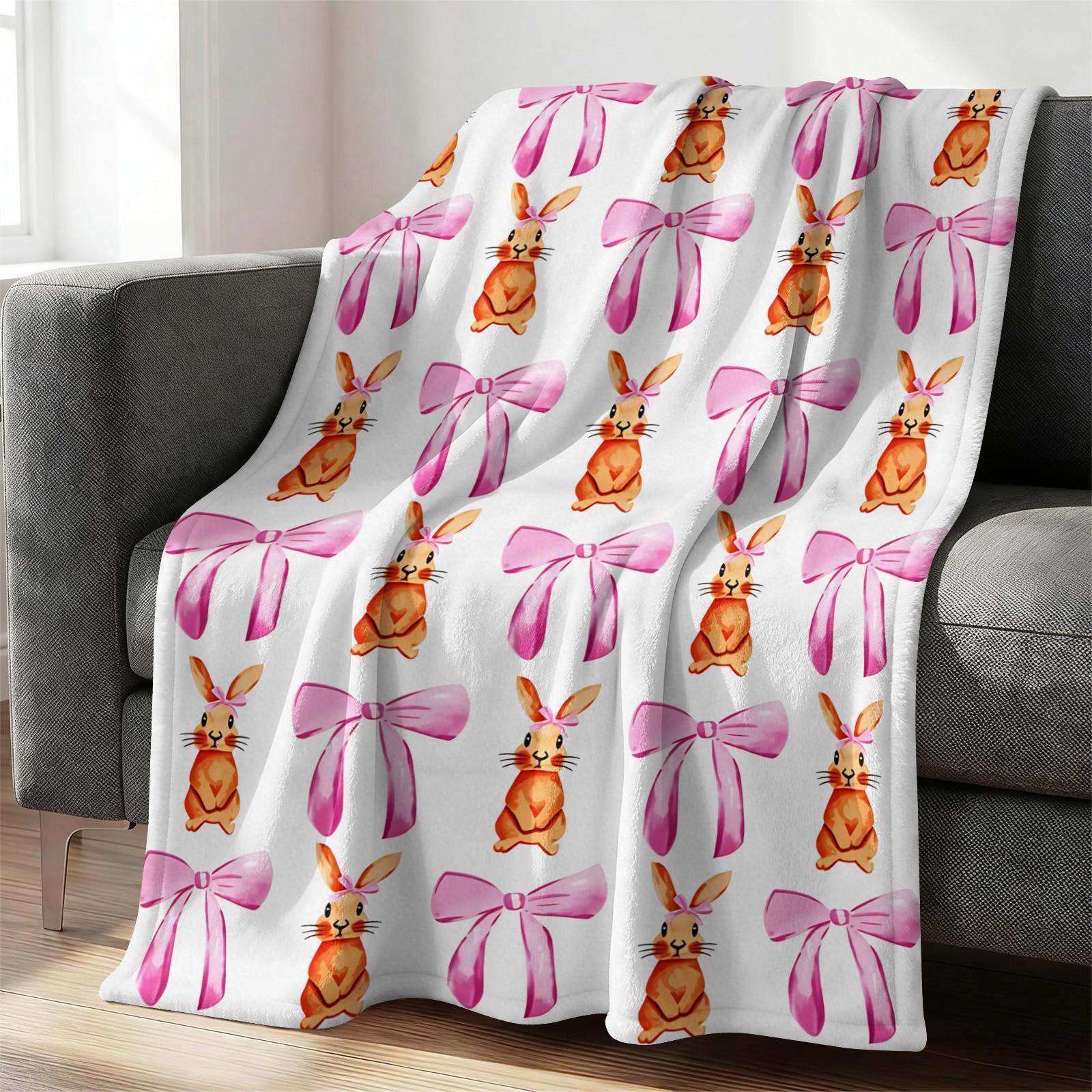 Cute Bunny & Cucumber Print Flannel Throw Blanket, Soft Warm Fleece Blanket with Pink Bow, Cozy Plush Gift Blanket for Couch Bed Sofa, Lightweight Decorative Blanket for All Seasons, Perfect Gift for Friends & Family