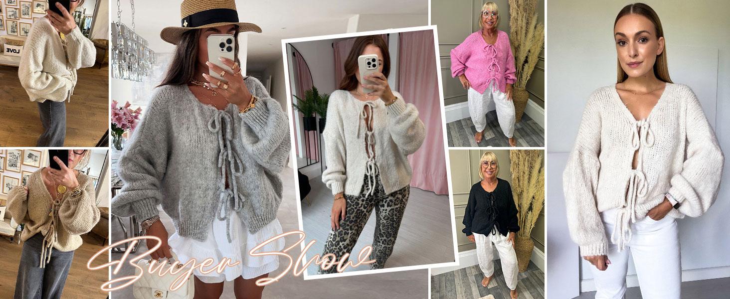 2026 Women's Tie Front Bow Sweater Cardigan Chunky Knit Long Puff Sleeve Trendy Fall Winter Jacket Coats FallFreshness..