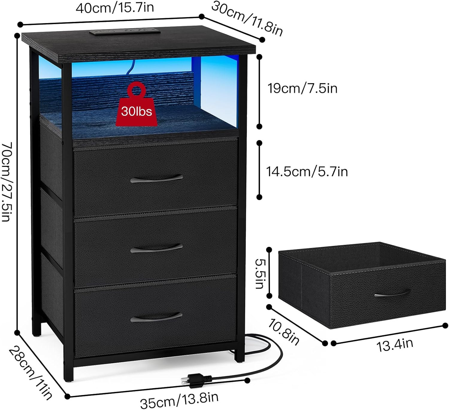 Night Stand with Charging Station, LED Nightstand with U-S-B Ports and Outlets, 3 Fabric Storage Drawers with PU Finish, Bedside Table, Black Night Stand with Charging Station, LED Nightstand with U-S-B Ports and Outlets, 3 Fabric Storage Drawers with PU Finish, Bedside Table, Black