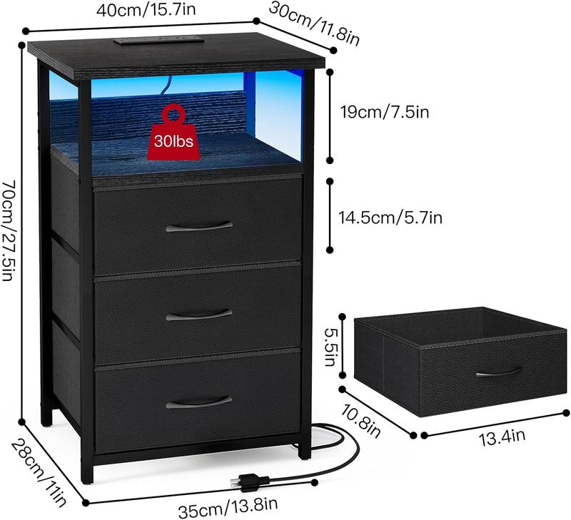 Night Stand with Charging Station, LED Nightstand with U-S-B Ports and Outlets, 3 Fabric Storage Drawers with PU Finish, Bedside Table, Black