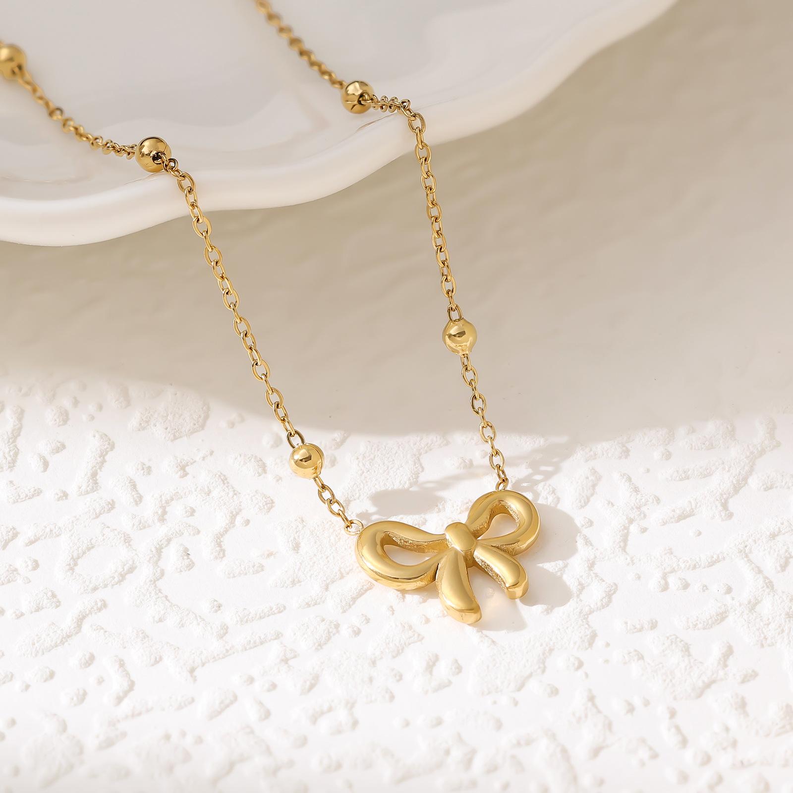 Gold Tone Bow Jewelry Set for Women, 3Pcs Dainty Bow Charm Necklace Bracelet Earrings Set, Elegant Stainless Steel Everyday Jewelry