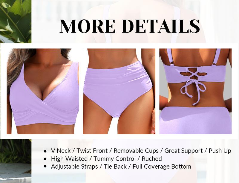 Yonique Women's Two Piece High Waisted Bikini Set Tummy Control Swimsuit Full Coverage Bathing Suit Criss Cross Bikini Top Twist Front Bikini Top with Ruched Bikini Bottoms