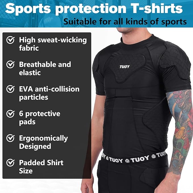 TUOY Men's Padded Compression Shirt Protective Shirt Rib Chest Protector for Football Paintball Baseball Padding Safety Athletic Apparel Athletic Top