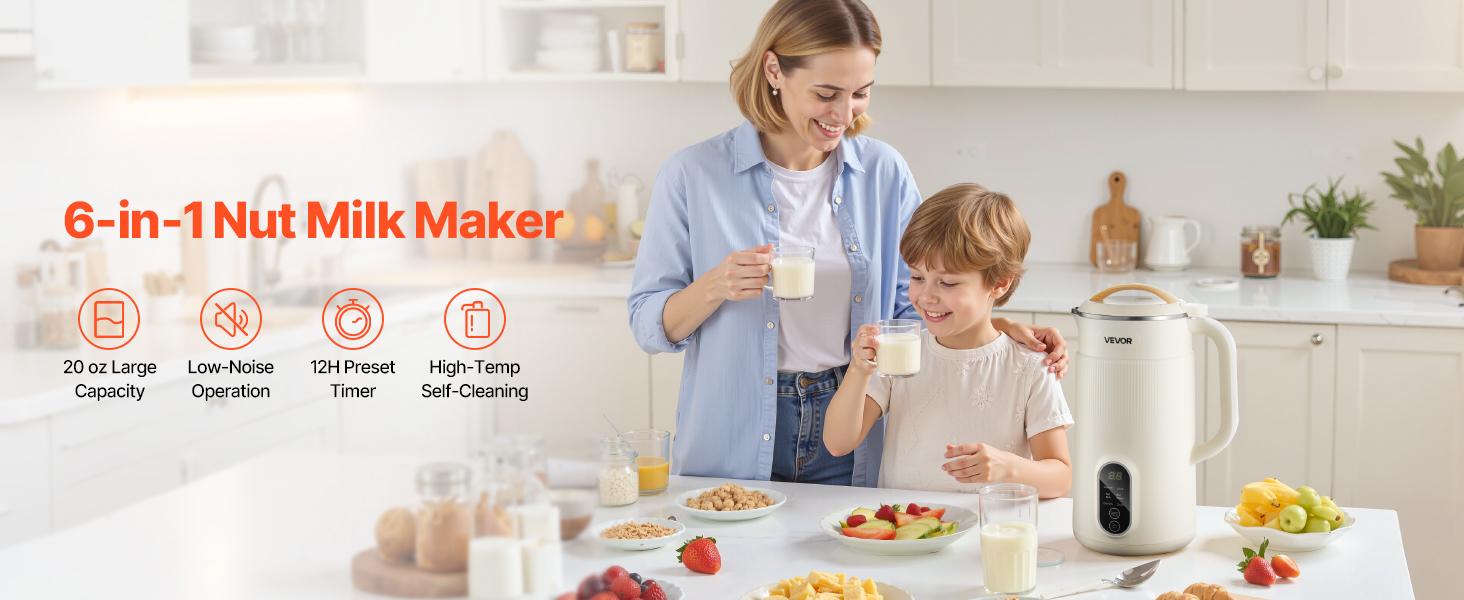 6-in-1 Nut Milk Maker, 20 oz Soy Milk Maker Machine with 6 Blades, for Homemade Oat, Nut, Soy, Juice, Plant-Based and Non Dairy Beverages with High-Temp Self-Cleaning, Boil Water, 12-Hour Delay
