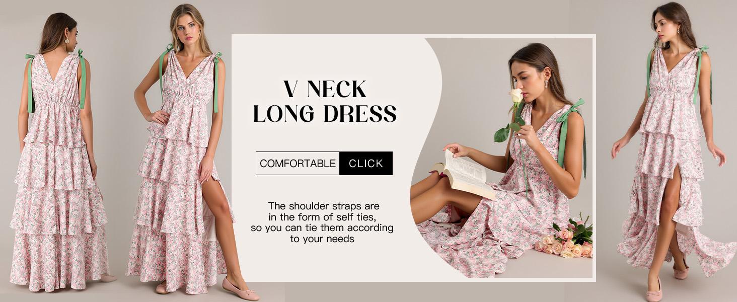 Wenrine Women’s Summer Floral Maxi Dress Tie Strap Sleeveless V Neck High Slit Boho Ruffle Tiered Beach Dresses