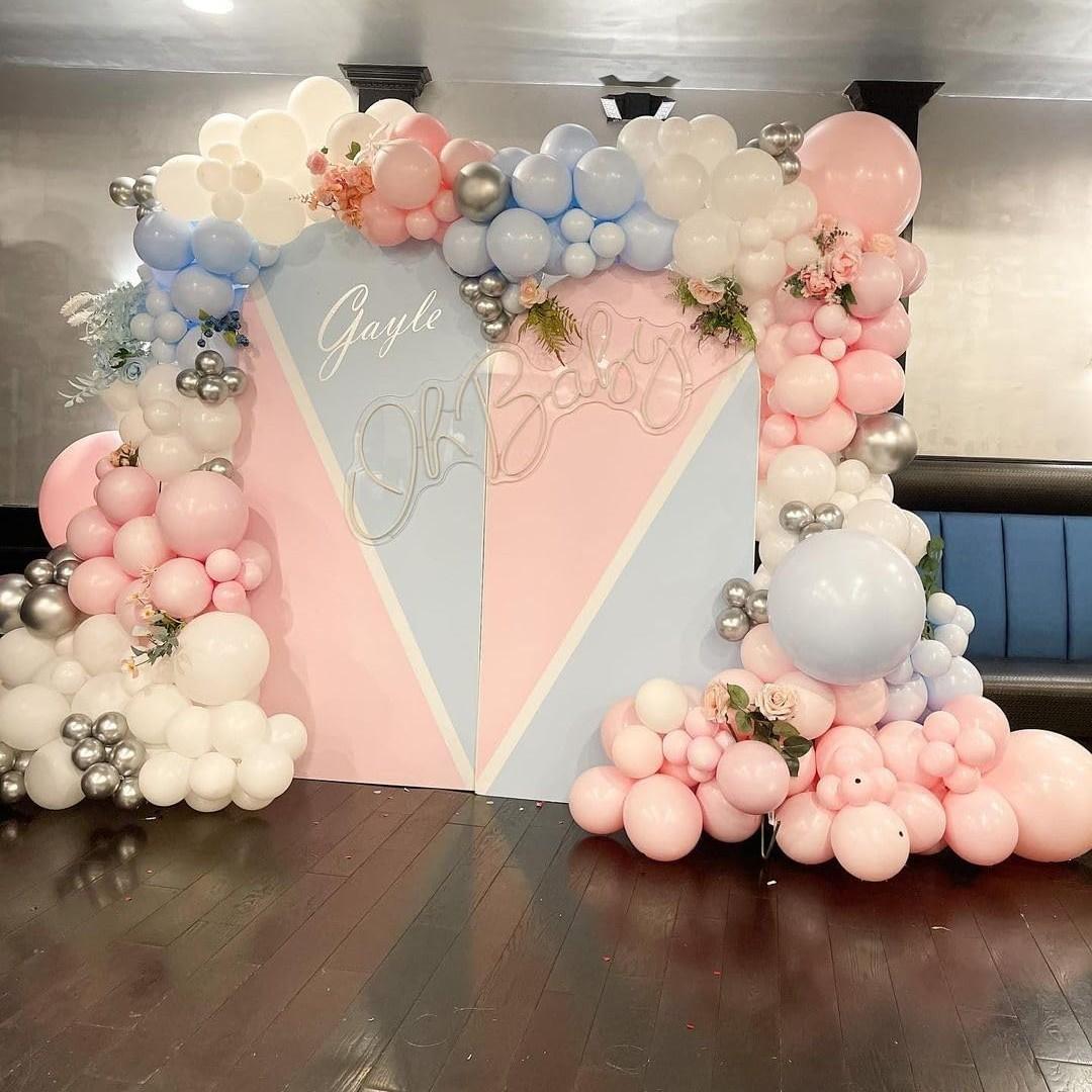 Pink blue white balloons, 40 12 inch pink blue and confetti latex balloons, used for birthday baby showers, gender revealing party supplies and decorations