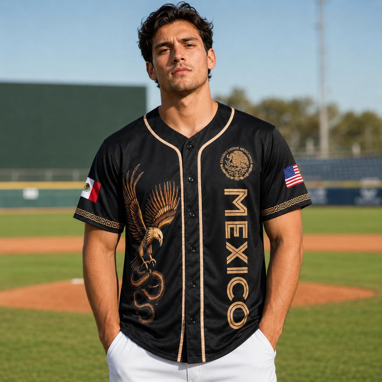 Mexico Jersey - Vintage Mexican Style Breathable Athletic Top, Green White Red Button-Up Casual Sports Jersey, Men's Summer Throwback Sportswear Gift