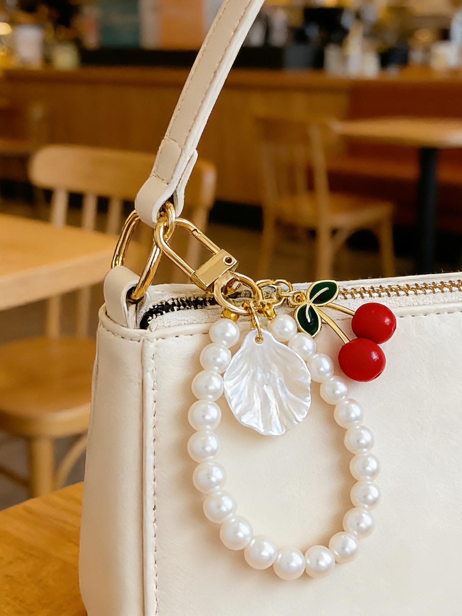 Sweet Alloy Cherry Pearl Shell Bag Charm, Phone Accessory, Elegant Design, Perfect for Bags and Phones, Unique Jewelry Piece