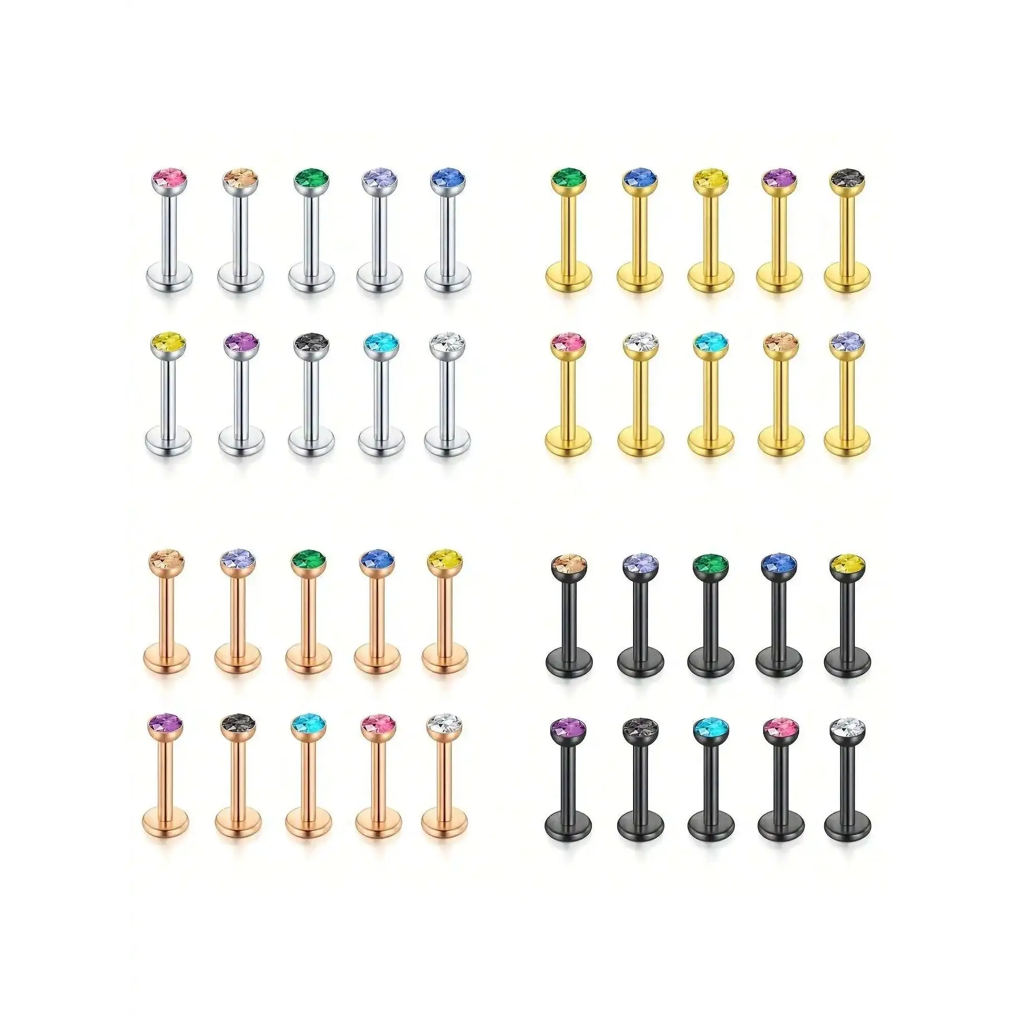 16G 316L Stainless Steel Piercing Earrings Studs Set - Flat Back, Internal Threaded, Colorful CZ - Labret, Monroe, Medusa, Tragus, Helix, Cartilage Jewelry (6mm, 8mm)