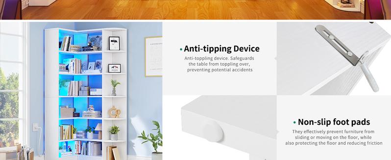 Yitahome 6 Tier Corner Bookshelf with LED Light, White Bookshelf L-Shaped Bookcase Storage Display Shelf for Home Office, Living Room