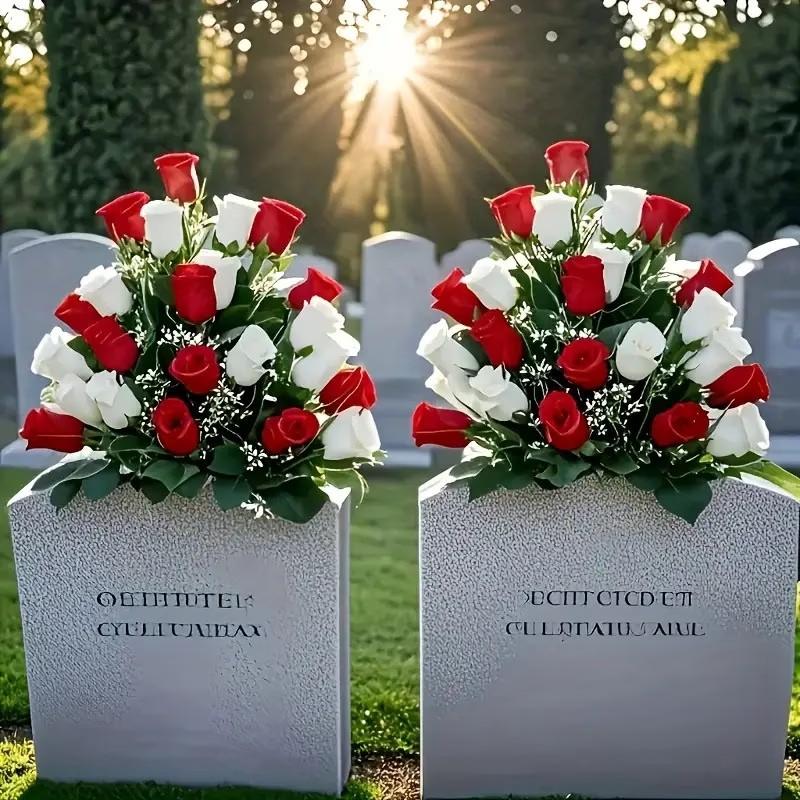 2 Artificial Cemetery Flowers, Roses with Leaves, Weatherproof Memorial Decor, No Maintenance, Outdoor Graveyard Decoration