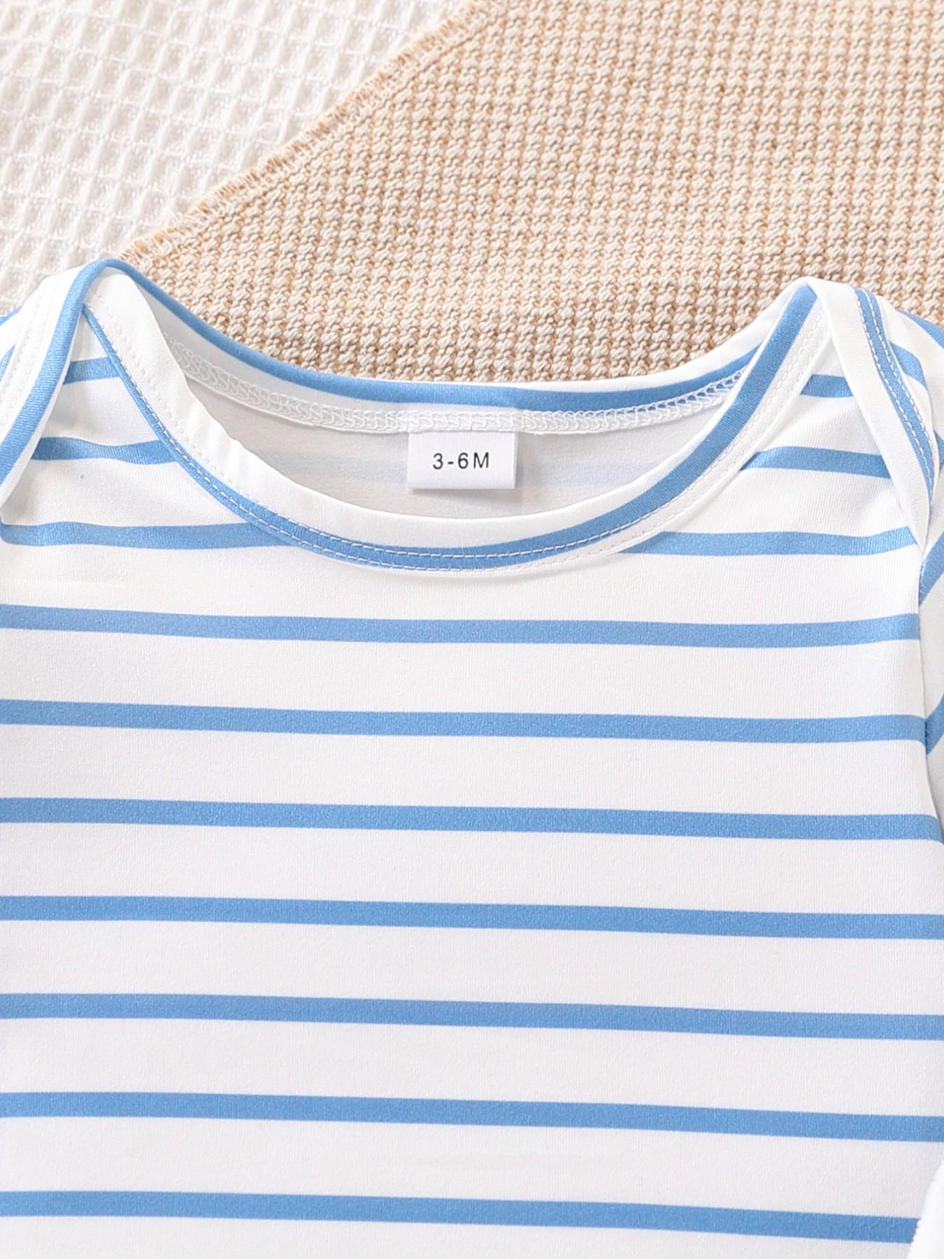 Boys' Cartoon Elephant Two-Piece Set, Striped Short Sleeve Romper + Waffle Bib Pants, Cute Summer for Kids, Comfortable and Stylish