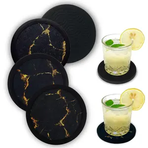 Set of 4 Non-Slip Silicone Coasters, Double-Sided Absorbent Cup Mats for Hot & Cold Drinks, Scratch & Water Ring Protection for Wood Tables, Home Office Bar Use (Black Gold Marble Pattern)