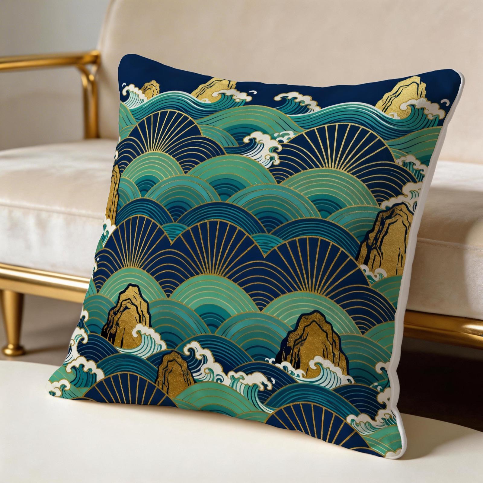 1 Piece Japanese Wave Sun Throw Pillow, Navy Blue Gold Foil Great Wave HD Digital Print Accent Pillow, Soft Plush Cushion with Hidden Zipper, Non-Fade Decor Pillow for Sofa Couch Bed, 18x18 Inch