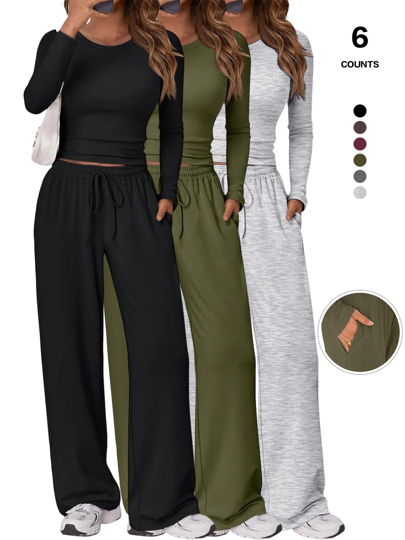 2026 Women's Two-Piece Loungewear Set, Soft Long-Sleeved Round-Neck Crop Top, Drawstring High-Waisted Wide-Leg Pants with Pockets