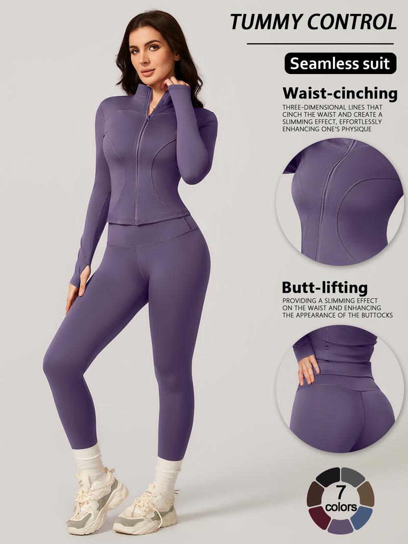 Women's Two-Piece Slim-Fitting Workout Set, Long Sleeve Top and Below-Ankle Sports Pants with Natural Waistline, All-Season Wearable Comfort Tracksuit Set