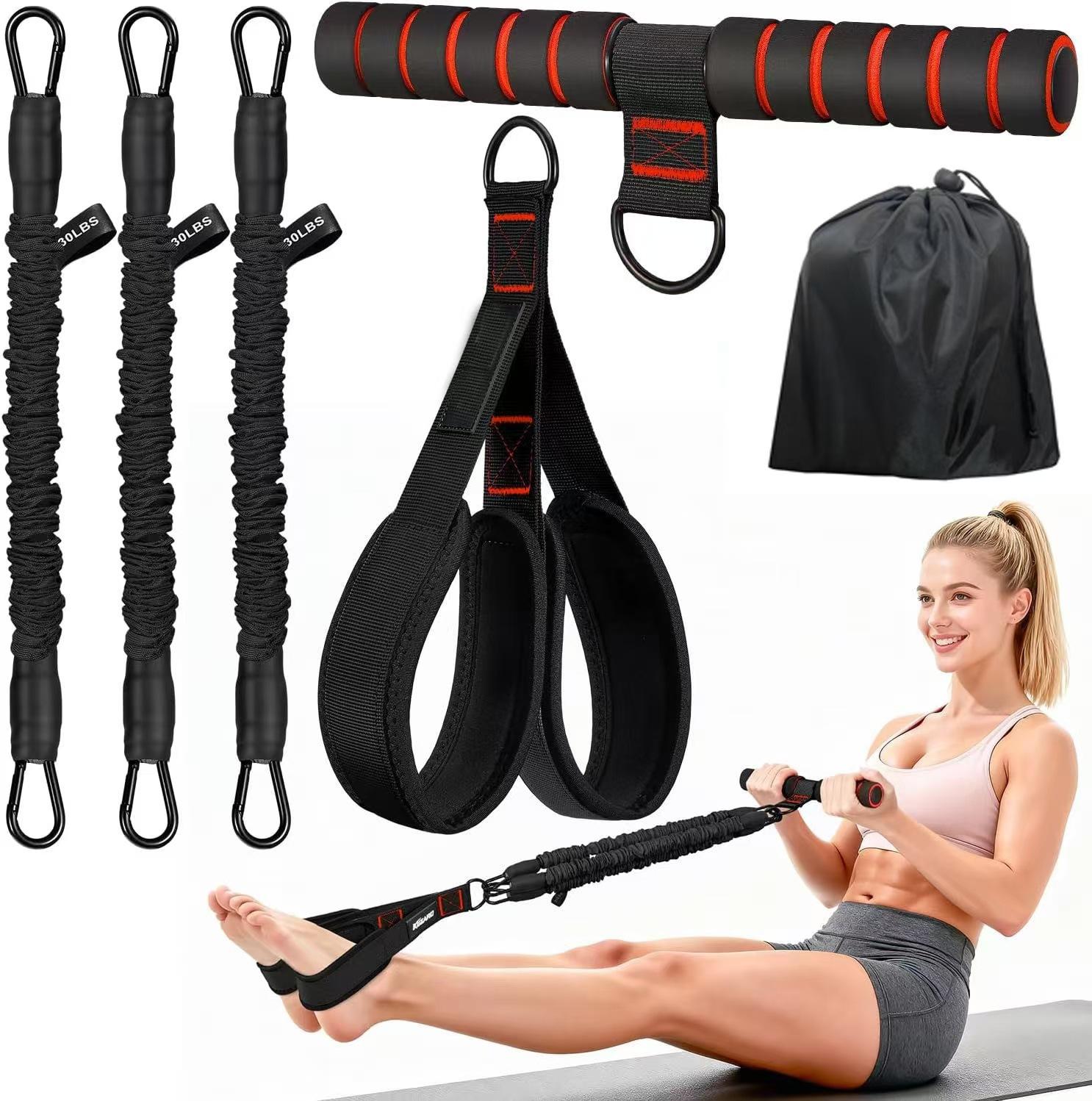 Adjustable 30-90lbs Full Body Resistance Bands Set – Portable Leg Stretcher, Ab Trainer & Foot Pull Rope for Home Gym, Tone Arms, Core, Butt & Thighs, Abs