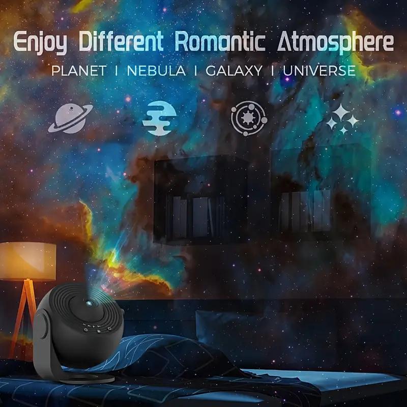 3D starry sky projection night light, featuring 13 movie starry sky projectors, modern aurora starry sky projectors, timer rotation function, remote control, available in black and white, space and audio equipment.