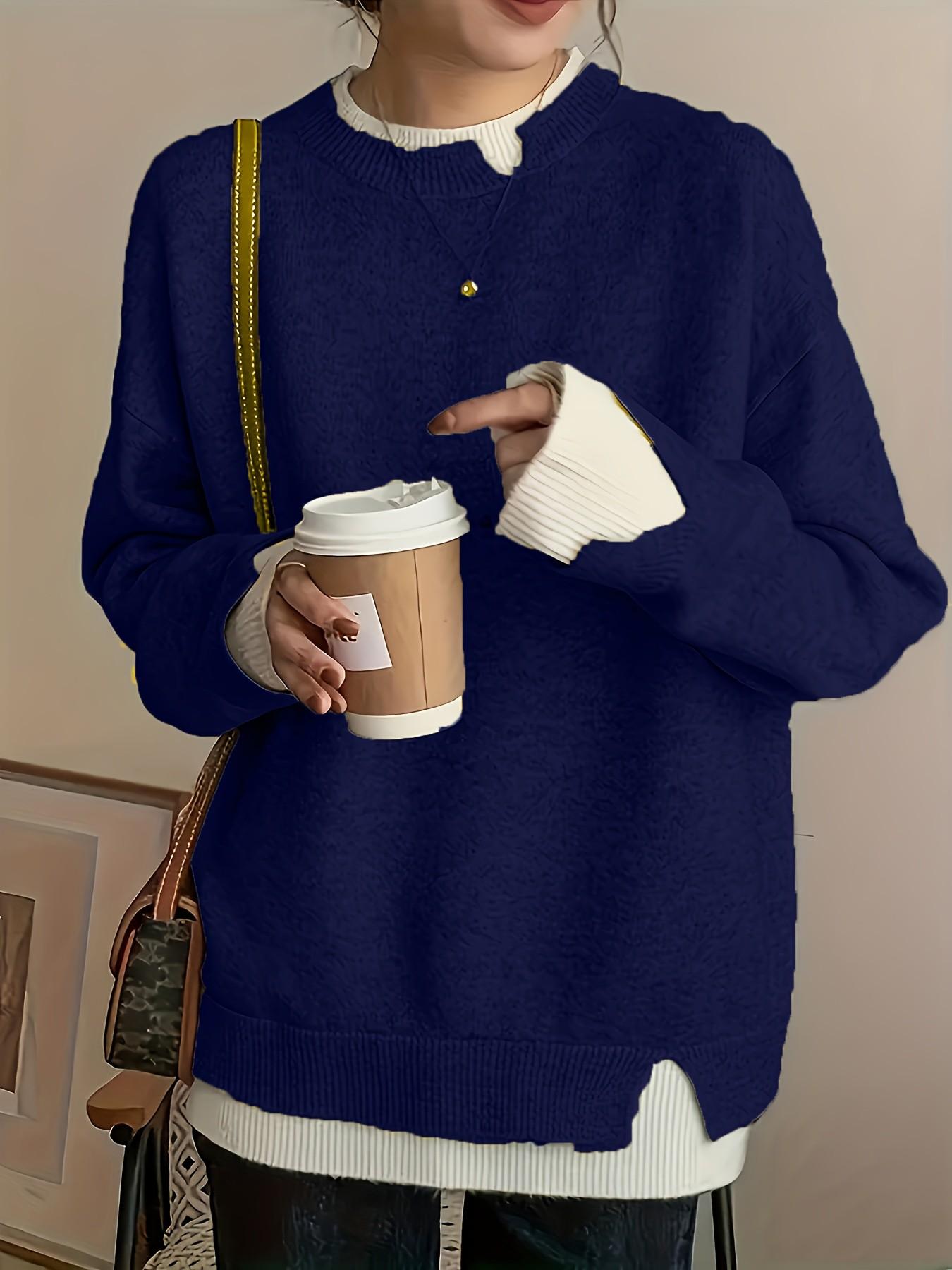Women's Plus Size Faux Two-Piece Colorblock Long Sleeve Knit Pullover Sweater, Elegant Fashion Knitwear for Spring, Summer, Fall & Winter