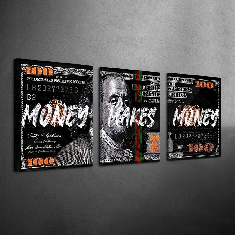 3 Counts/set Wooden Framed Money Makes Money Canvas Posters, Money Wall Art, Inspirational Dollar Bill Pop Art, Modern Home Decor, Wall Decor Living Room, Bedroom, Gift for Friends and Family, Waterproof Canvas, Wall Decor, Ready To Hang