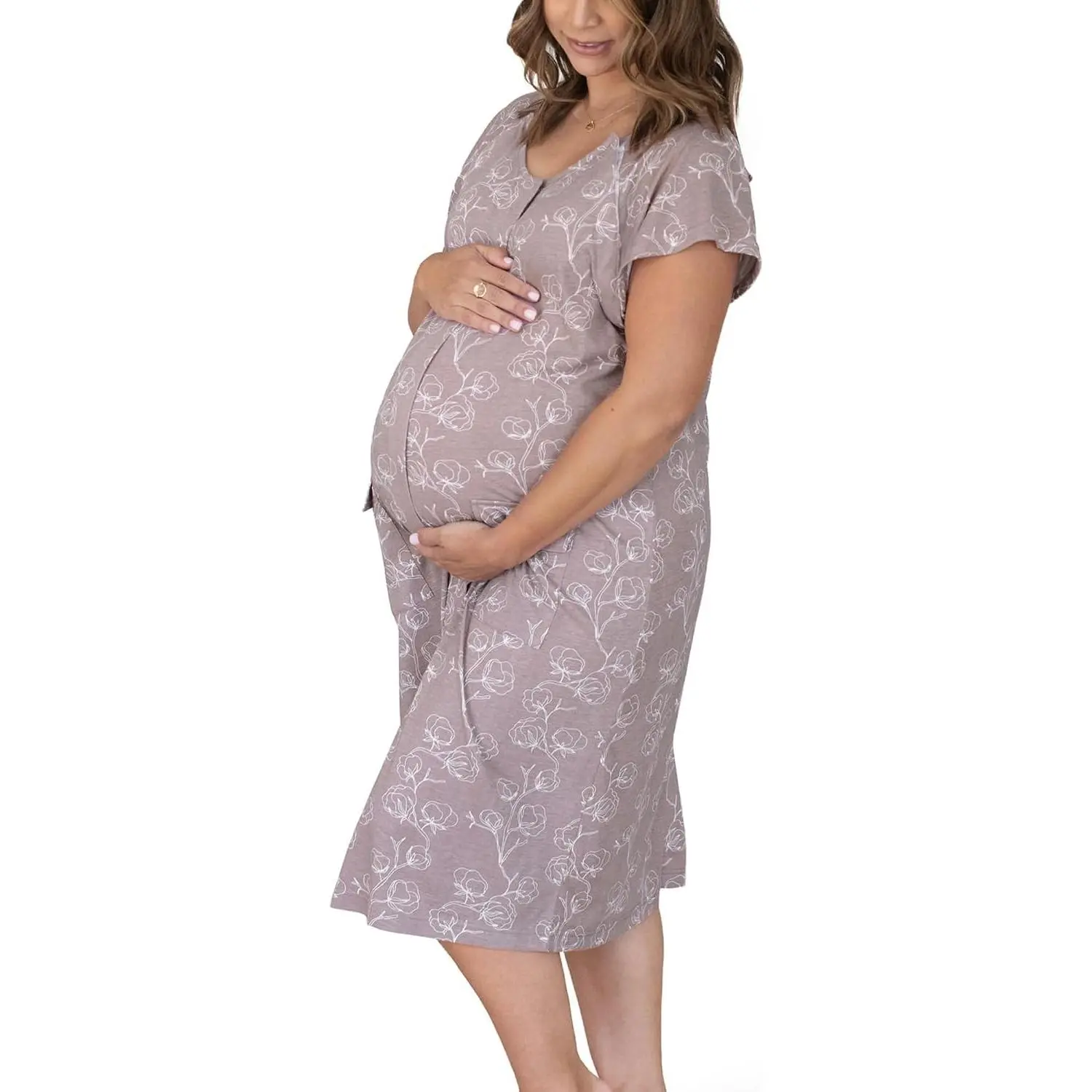 Universal Labor and Delivery Gown for Birthing and Nursing | Soft maternity hospital gown with velcro for monitoring, epidural, skin-to-skin contact, breastfeeding nightgown with pockets