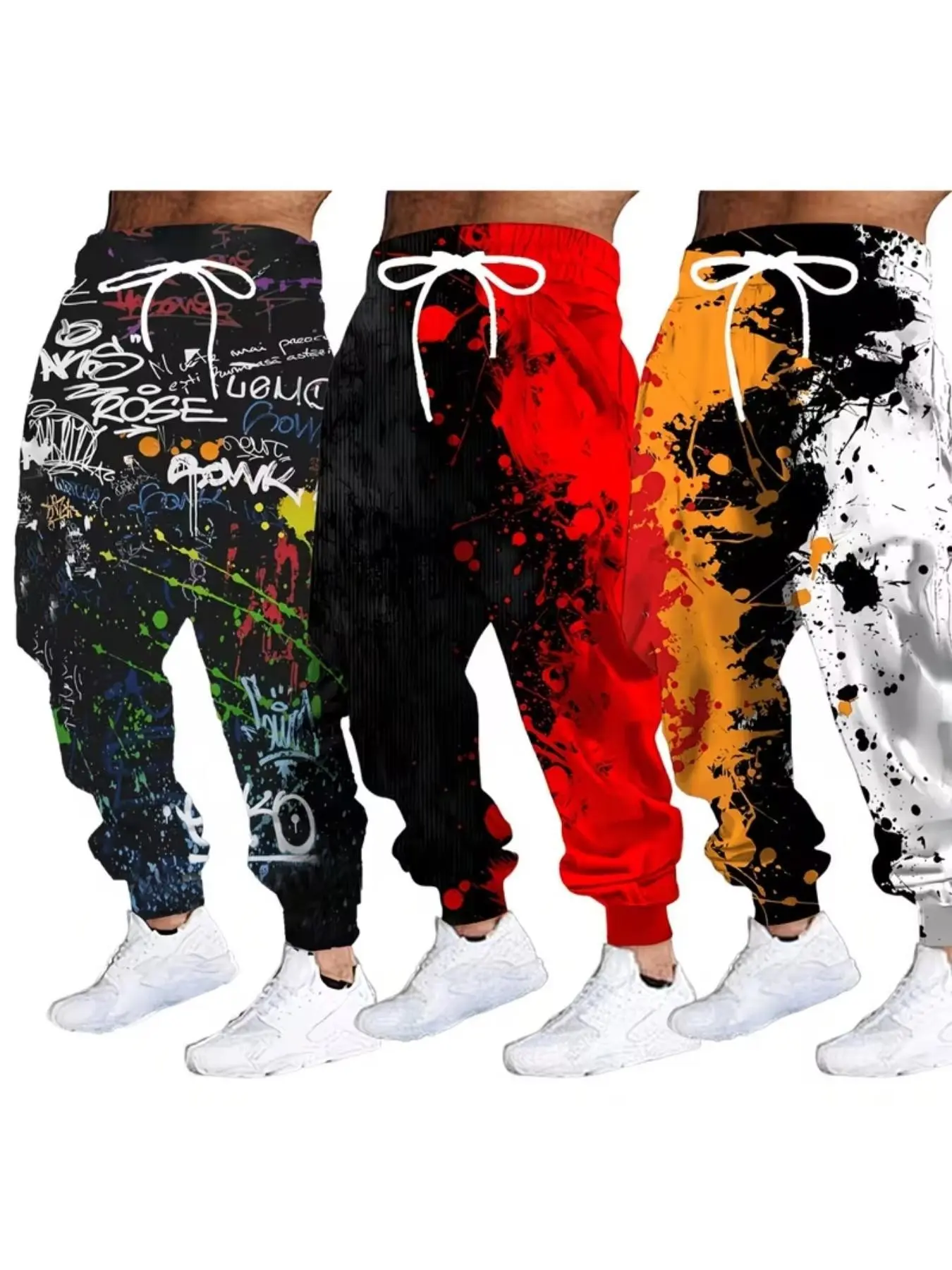 3-Pack Men's Street Graffiti Sweatpants, 3D Print Ankle-Length Loose-Fit Casual Pants, Colorblock Design