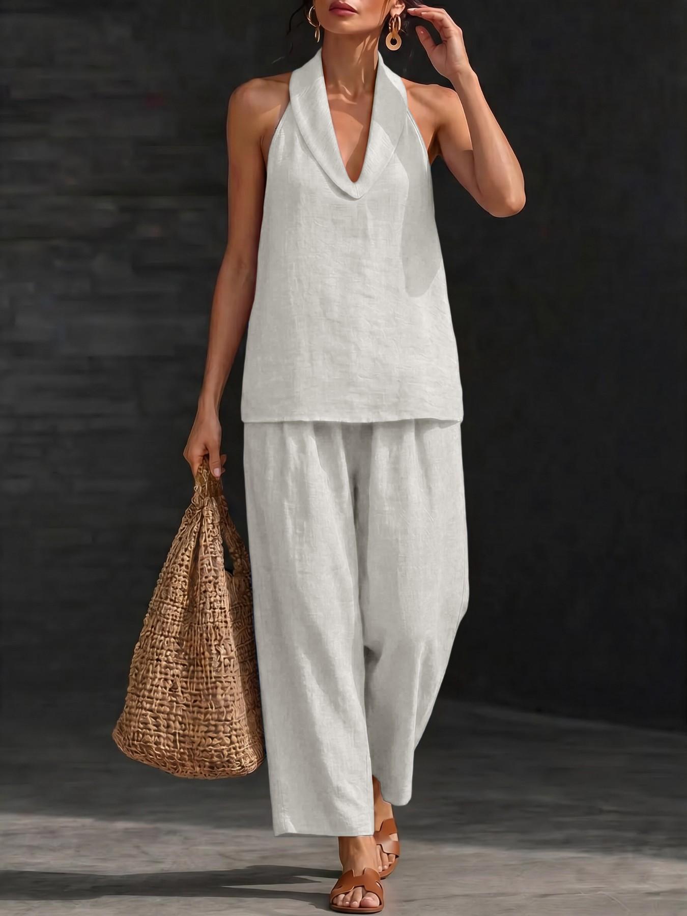 Two-Piece Women's Boho Halter Neck Sleeveless Crop Top and Wide Leg Pants Set, Casual Chic Summer Outfit for Vacation, Beach Clothes