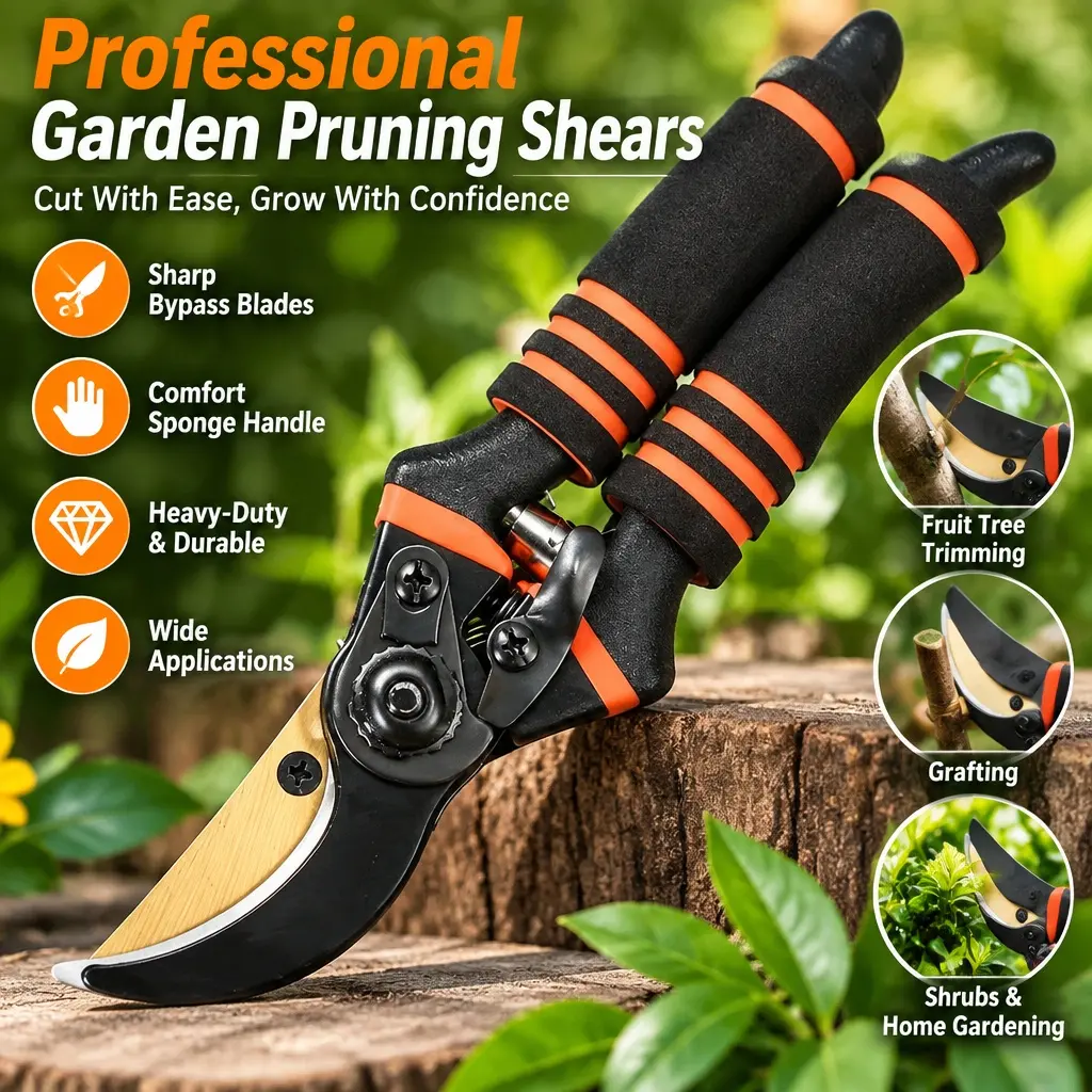 Professional Garden Pruning Shears, Comfort Sponge Padded Handle Bypass Pruner, Heavy‑Duty Cutting Scissors for Fruit Tree Trimming, Grafting, Shrubs & Home Gardening Work