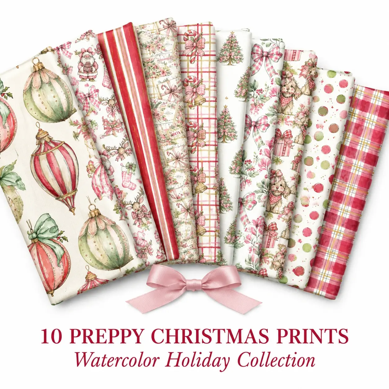 10Pcs/Set Fabric Preppy Watercolor Christmas Prints, Xmas Ornament Bow Plaid Puppy Pattern, 100% Polyester Fabric, Suitable for Crafts, Wallet Making, Gift, Handmade Sewing Materials Home Decor, Essential for Craft Enthusiasts