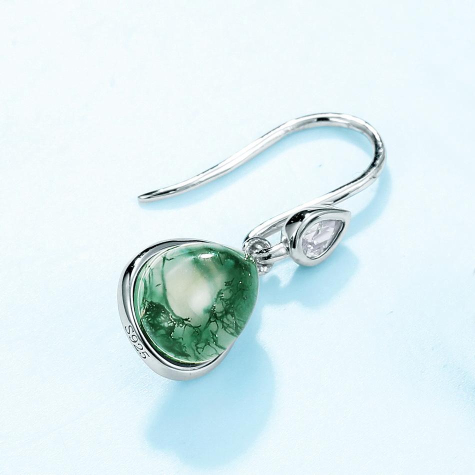 925 Sterling Silver Pear Drop Natural Moss Agate pierced earrings Anniversary Elegant