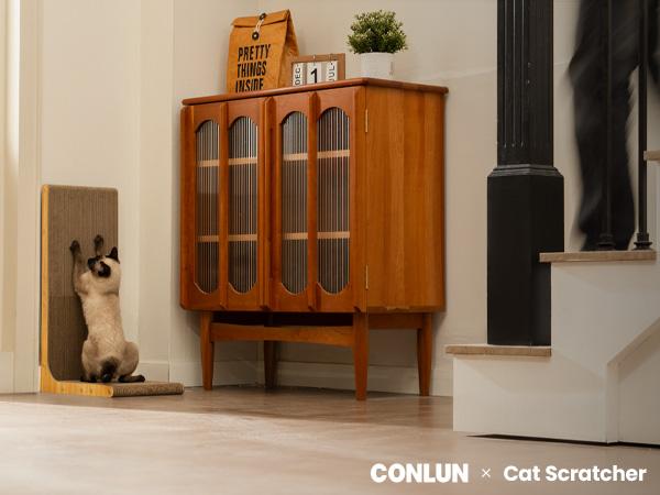 Conlun Cat Scratcher for Indoor Cats 22.8 Inch L Shaped Vertical Scratching Board with Ball Toy Light Wood L-Shaped Wall-Mounted Cat Scratcher Springtok Ramp Apartment Sturdy Home Durable Construction Easy Assembly Striped Design