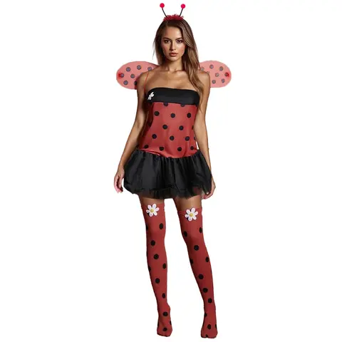 Women's Ladybug Halloween Costume Set - Multi-Size Red Black Polka Dot Strapless Tutu Dress, Antenna Headband, Wings, Daisy-Decor Thigh-High Socks, Accessories for Halloween Carnival Party
