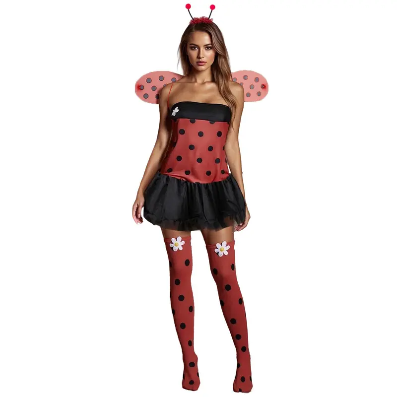 Women's Ladybug Halloween Costume Set - Multi-Size Red Black Polka Dot Strapless Tutu Dress, Antenna Headband, Wings, Daisy-Decor Thigh-High Socks, Accessories for Halloween Carnival Party