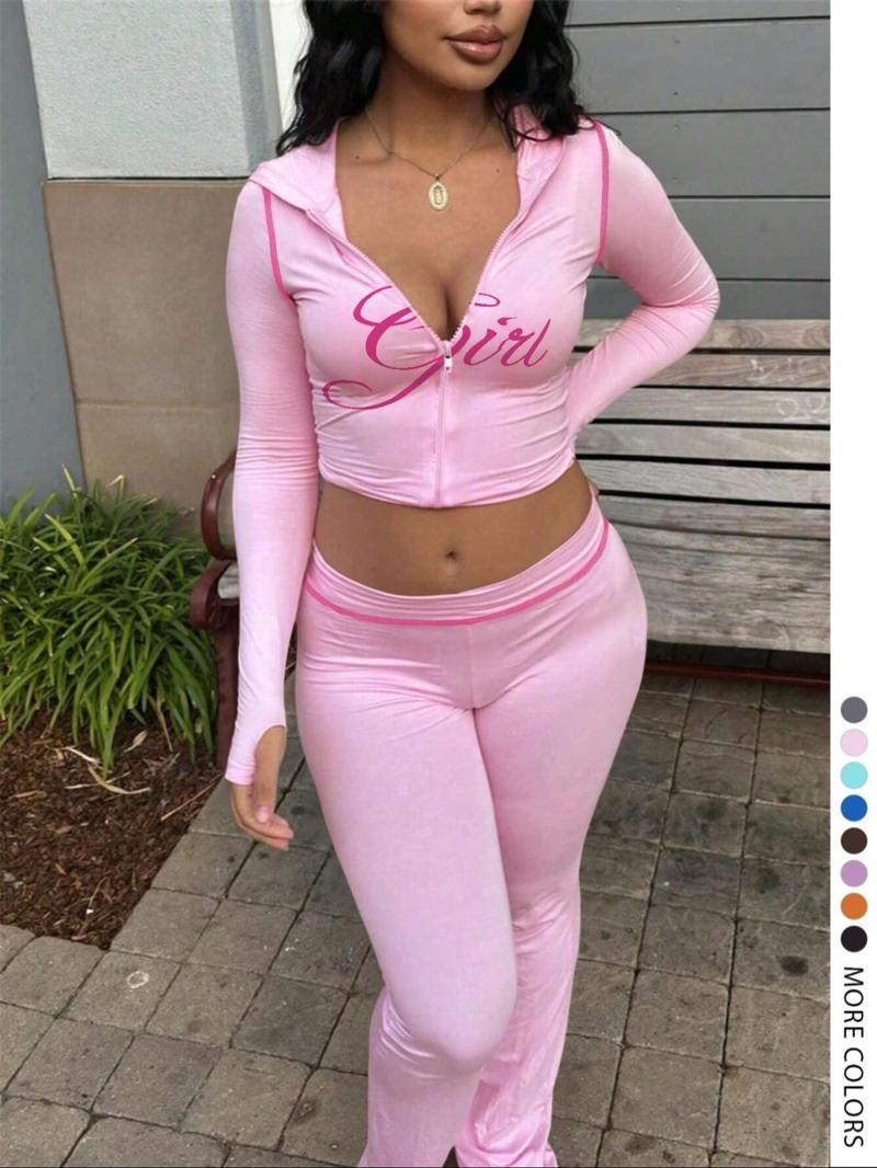 【LovelyWholesale】Women's Casual Sporty Cute Colorblock Print Zipper Design Top Flared Long Pants Set, Lovely Wholesale Us Fashion