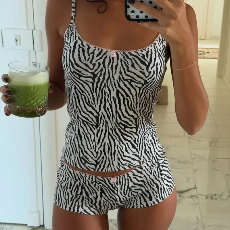 Women's Zebra Print Sleeveless Crop Top & Natural Waist Shorts, Stretchy Two-Piece Set, Y2K Street Style All Seasons Summer Outfits