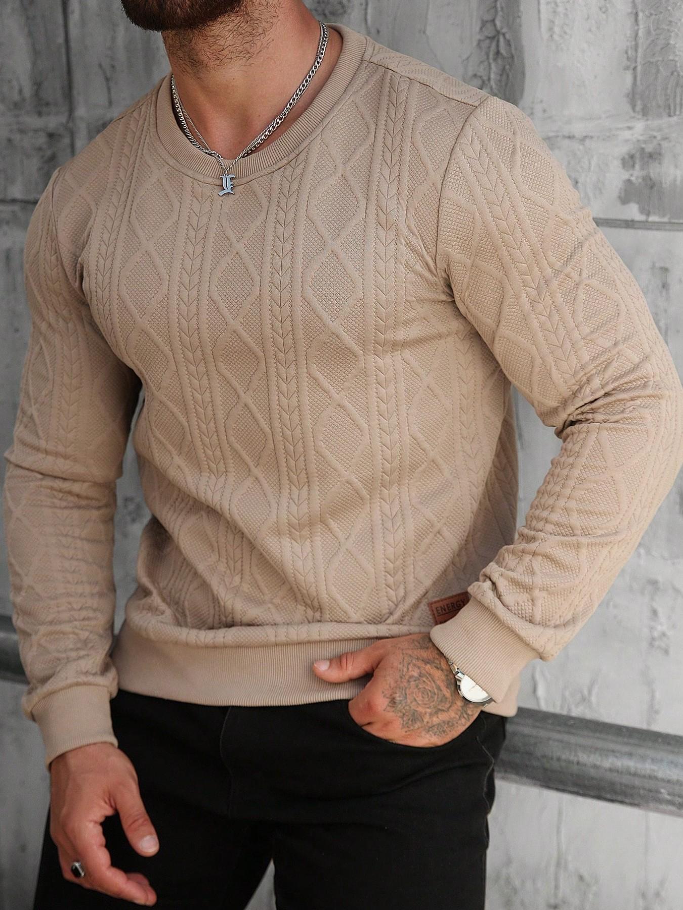 2026 Trendy Men's Beige Cable Knit Diamond Pattern Sweatshirt Long Sleeves | Slim-Fit Stylish Casual Pullover for Daily & Street Wear