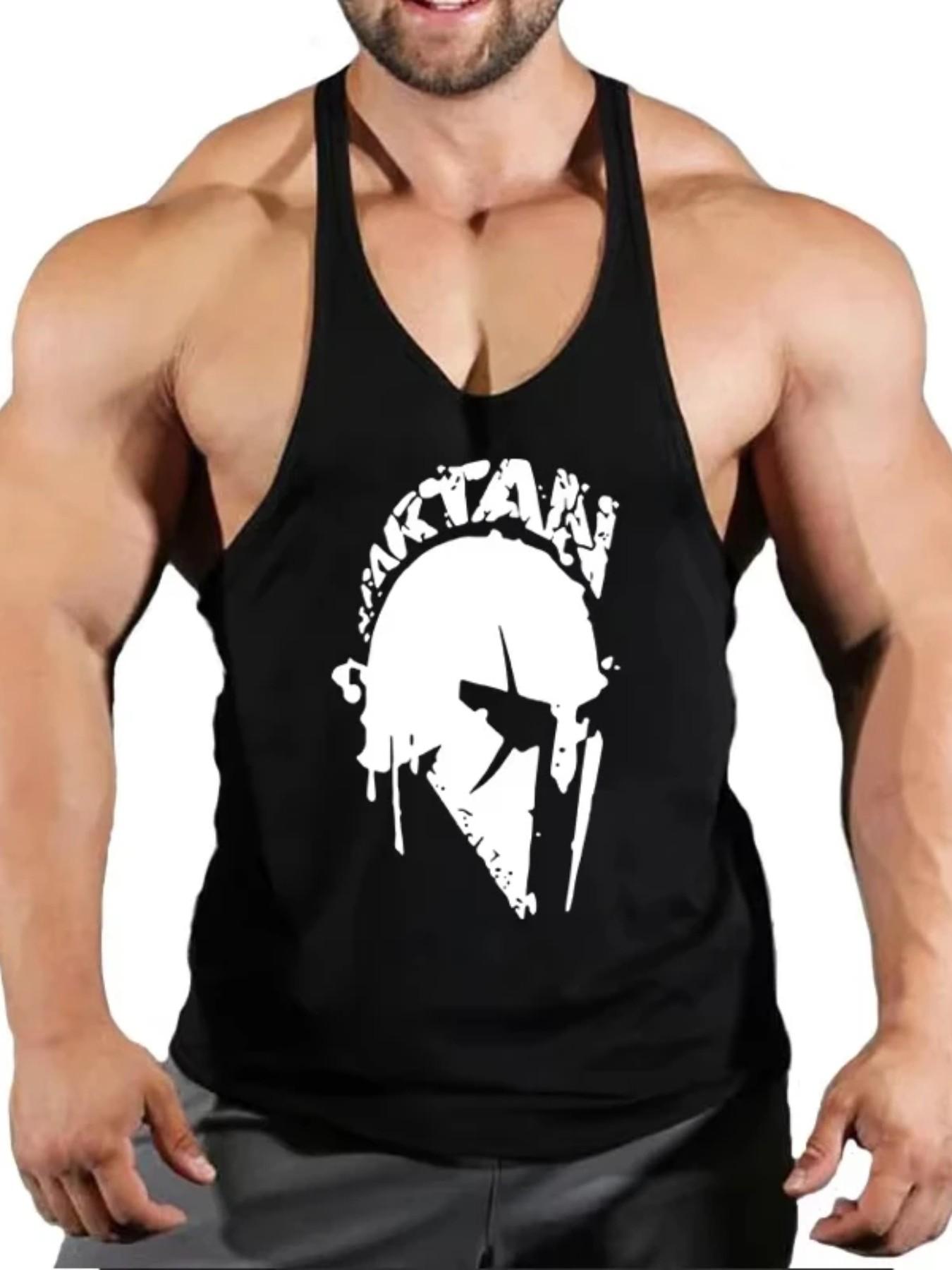 Men's Vintage Spartan Helmet Graphic Tank Top, Sporty Loose-Fit Sleeveless Shirt, Muscle Training Fitness Wear, All-Season Athletic Apparel