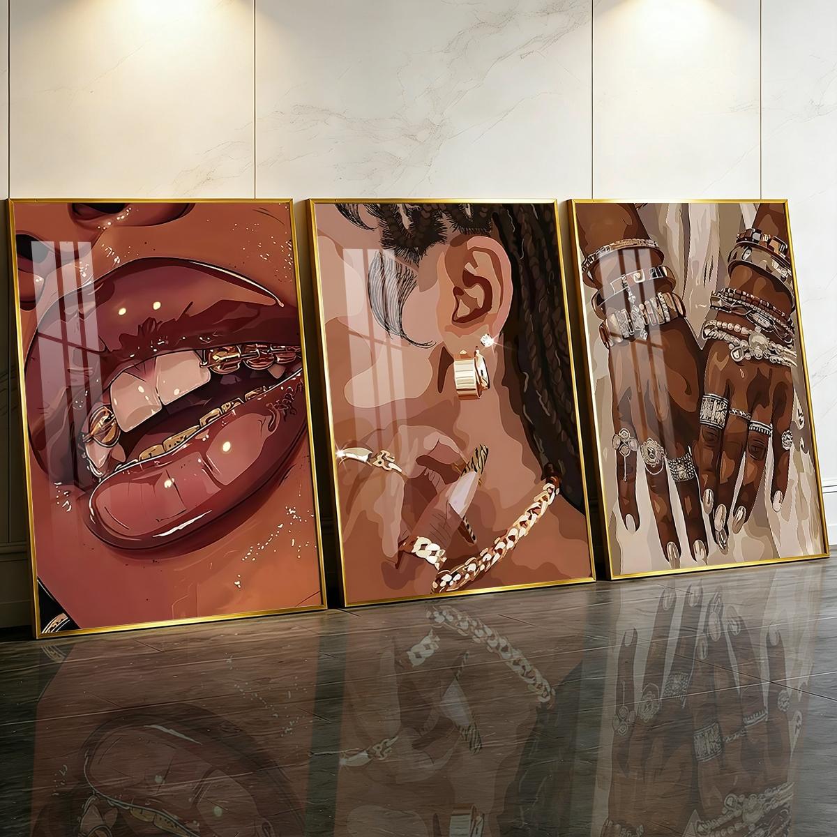3 Counts Aluminum Alloy Framed Painting, Stylish Woman Jewelry And Gold Accessories Art Posters, Home Decoration For Living Room, Bedroom, Office, Restaurant, Hallway Wall Decor, Odorless Print Artwork, Luxury Perfect Gift For Friends And Family