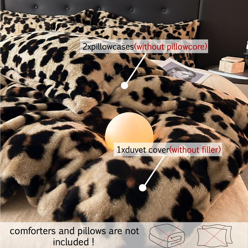 Luxury Faux Rabbit Fur Leopard & Butterfly 3 Piece Bedding Set, Ultra Soft Warm All-Season Duvet Cover with Zipper Closure + 2 Pillowcases, Elegant Solid Color Design, Cozy Bedroom/Living Room/Dorm Bedding Décor, Perfect Gift, Soft Bedding Sets
